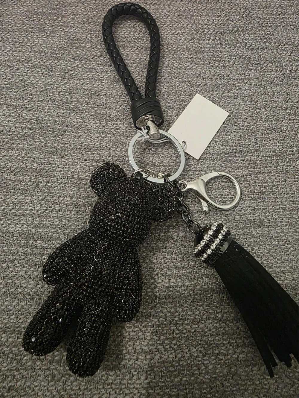New Black Beaded Bear Keychain with Tassel & Carabiner